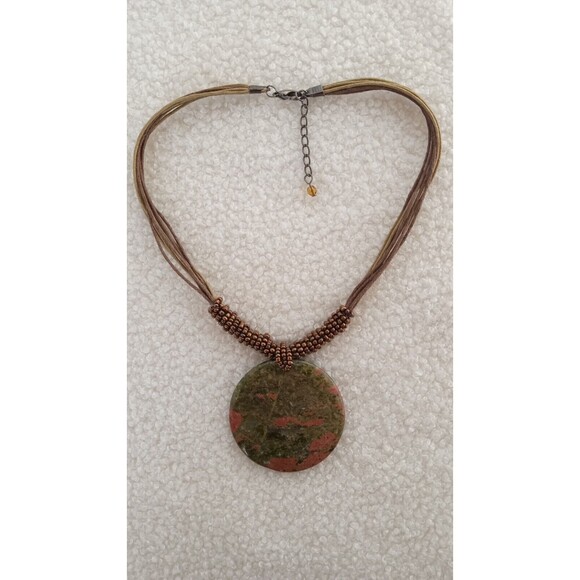 Artisan Jewelry - Natural Unakite Jasper Pendant Necklace w Bronze Seed Beads 14-15.5 in